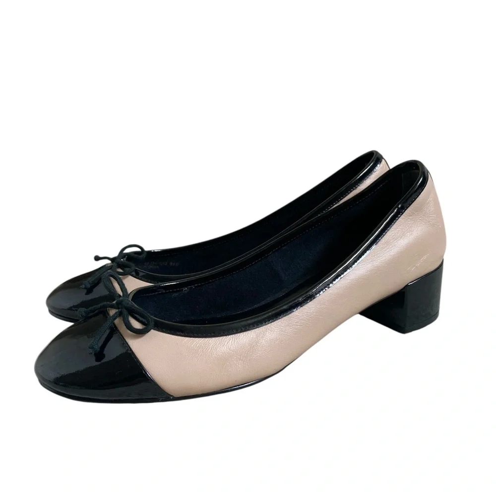 Cole Haan Leather Ballet Classic Patent Cap Toe Block Heel Black Cream Pump 8.5